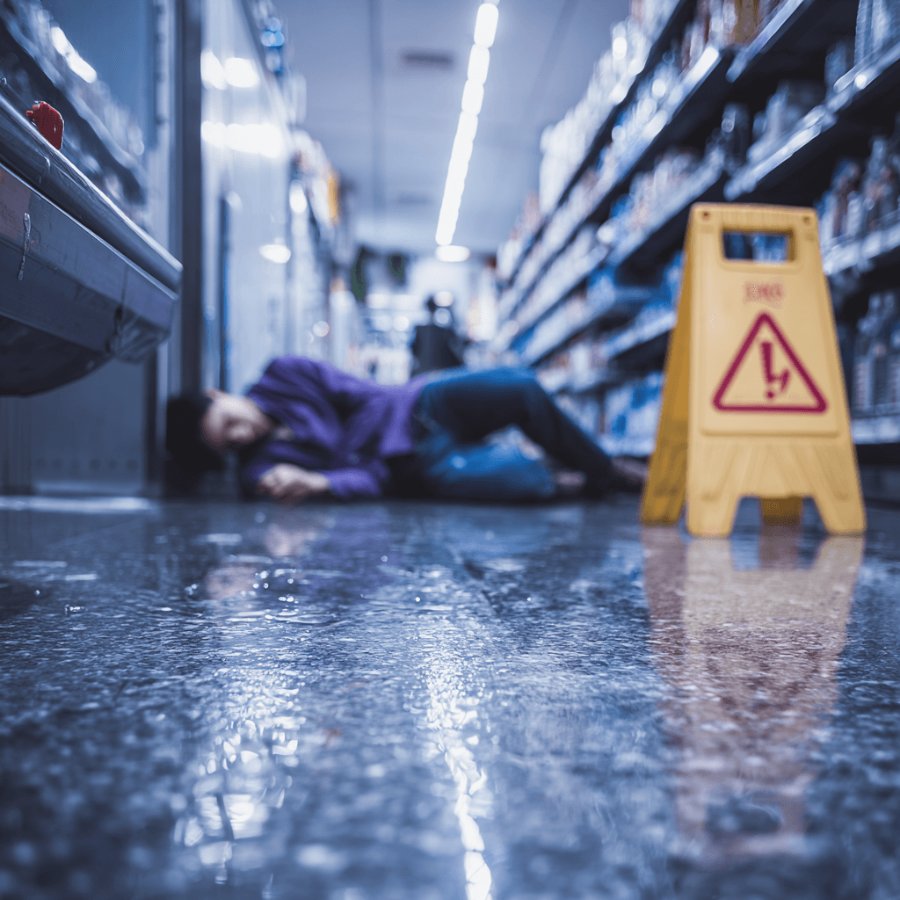 Man slips and falls on a wet, slippery floor